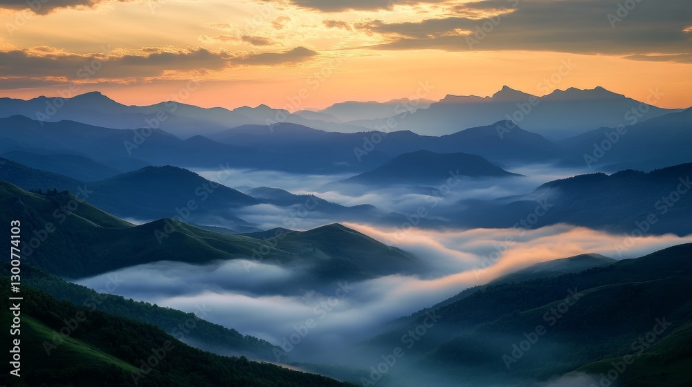 Obraz premium Majestic mountain landscape at sunrise with misty valleys