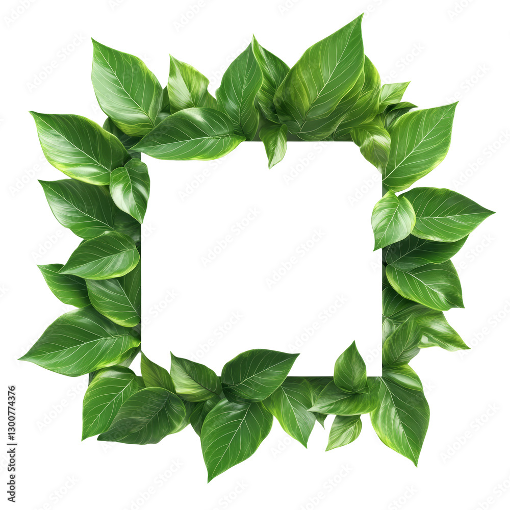 Fototapeta premium rendering of a green leaf frame with a blank signboard, isolated on a white background
