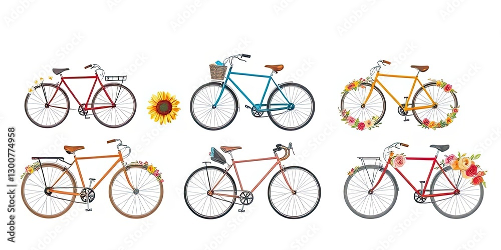 Fototapeta premium Six Vintage Bikes with Floral Decorations Summer Bicycle Collection Spring Ride