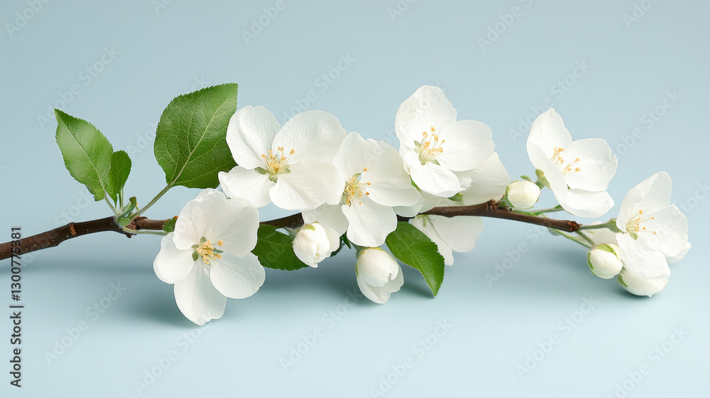 Obraz premium Close up of an apple tree branch with delicate white flowers and fresh green leaves, conveying the essence of spring and new beginnings