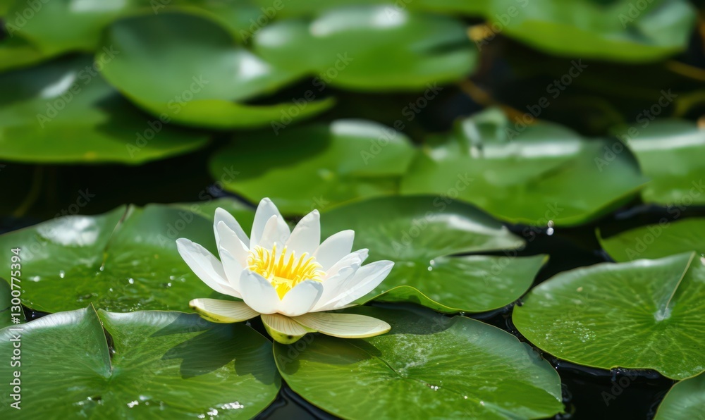 White Water Lily Blossom on Green Lily Pads White Water Lily Blossom on Green Lily Pads