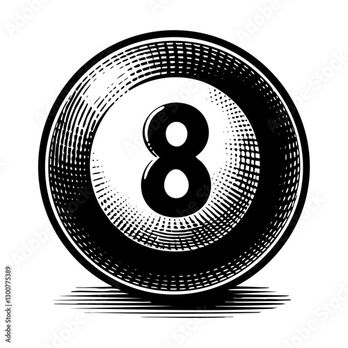 Eight ball billiards sketch engraving black and white outline. Scratch board imitation.