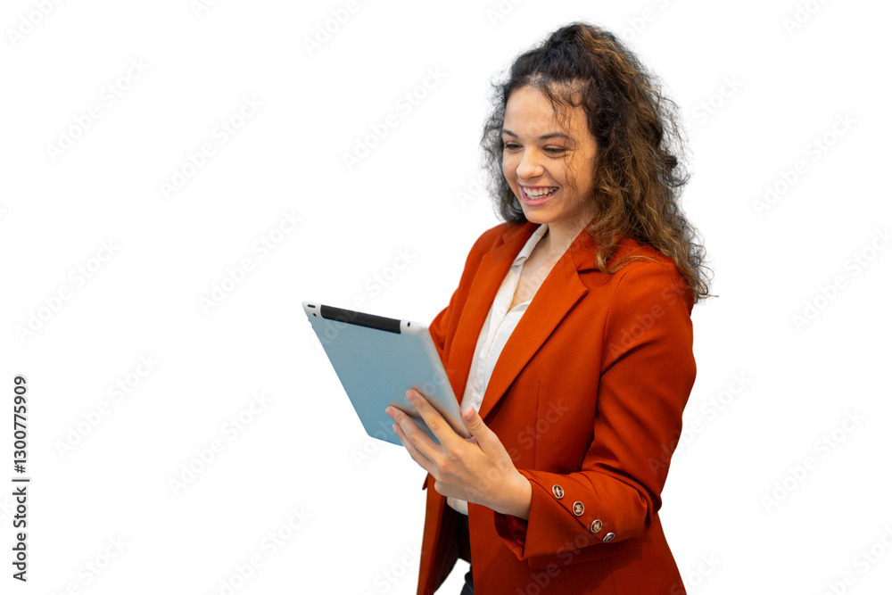 Smiling businesswoman using digital tablet with transparent background Smiling businesswoman using digital tablet with transparent background