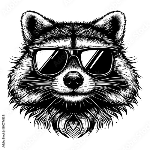 Raccoon wears sunglasses sketch engraving black and white outline. Scratch board imitation.  illustrated in vintage line art style on a white background.
