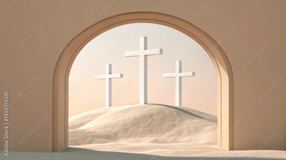 Naklejka premium three crosses silhouetted against a serene landscape, viewed through an arched doorway, symbolizing faith and spirituality