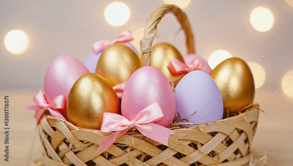 Easter Basket of Wonders: A beautifully crafted wicker basket overflowing with brightly colored Easter eggs, nestled amidst soft pink ribbons and bokeh lights in the background. Easter Basket of Wonders: A beautifully crafted wicker basket overflowing with brightly colored Easter eggs, nestled amidst soft pink ribbons and bokeh lights in the background.