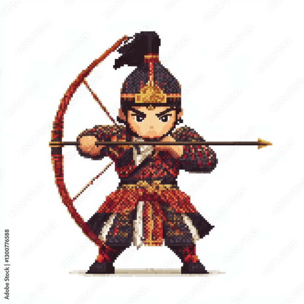 Obraz premium Pixel Art Archer in Traditional Asian Attire Aiming Bow