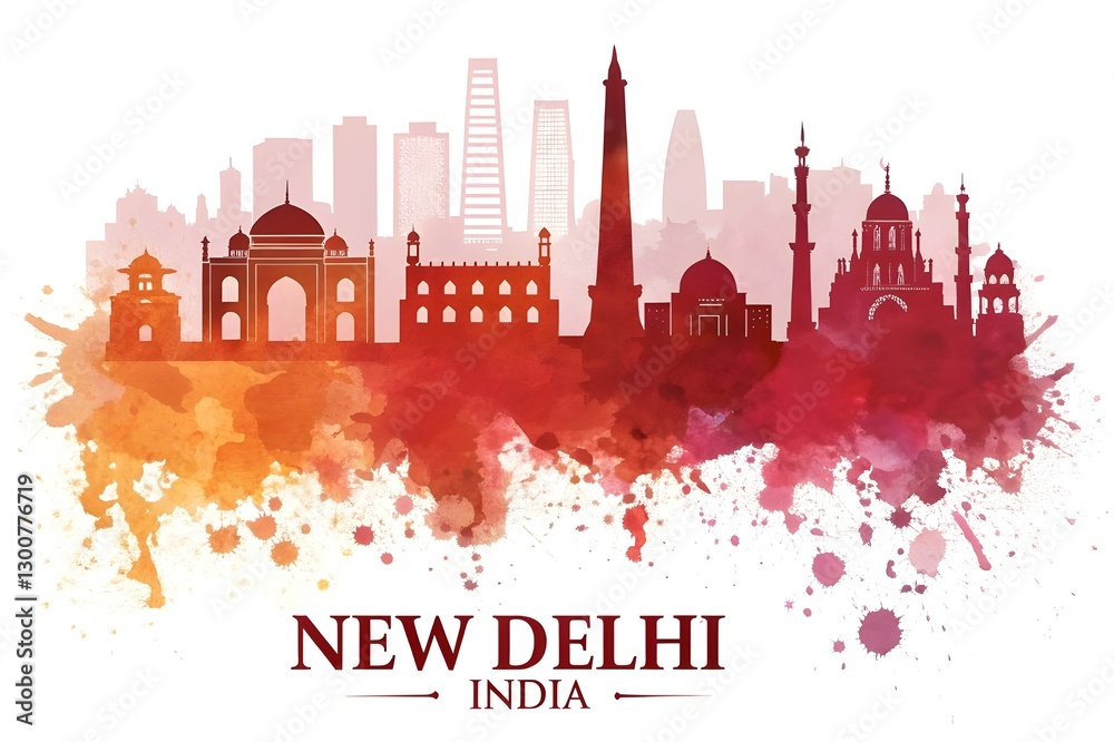 New Delhi India Skyline Red vibrant watercolor skyline of New Delhi with famous landmarks, Artistic cityscape featuring iconic monuments of India’s capital. New Delhi India Skyline Red vibrant watercolor skyline of New Delhi with famous landmarks, Artistic cityscape featuring iconic monuments of India’s capital.