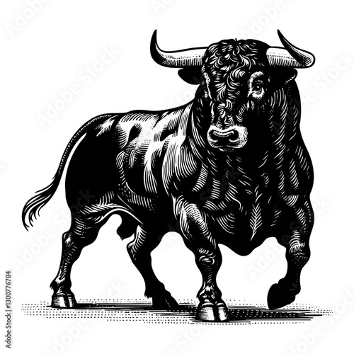 bull portrait sketch engraving black and white outline. Scratch board imitation.
