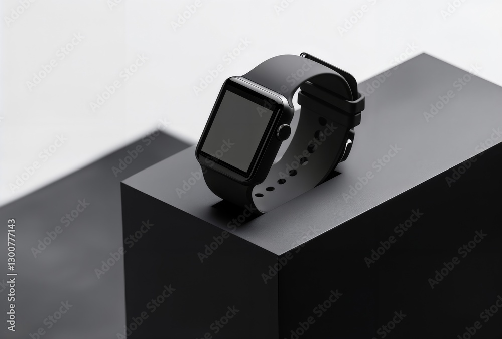 Black Smartwatch on Display. A modern black smartwatch is displayed on a black cube against a clean white background in studio lighting.