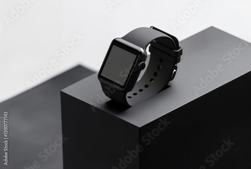 Black Smartwatch on Display. A modern black smartwatch is displayed on a black cube against a clean white background in studio lighting.