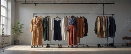 Wallpaper Mural Indie fashion garments arranged artfully in a studio with natural light,  textile arrangement, indie fashion brand,  creative display Torontodigital.ca