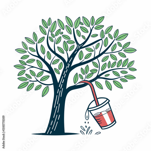 Green Tree with Hanging Striped Cup Dripping Liquid, Representing a Blend of Nature and Human Consumption, Highlighting Environmental Impact