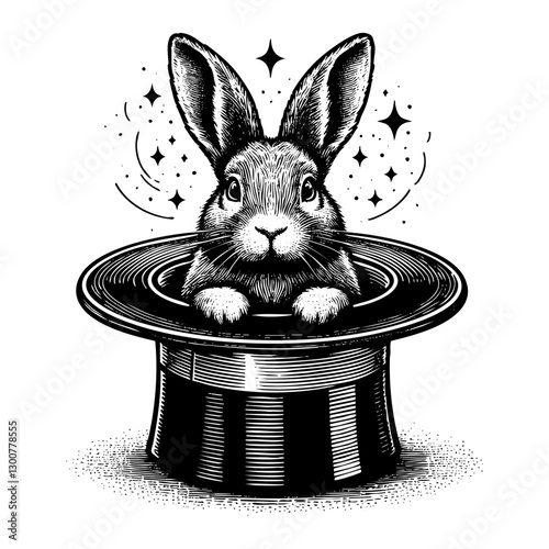 Rabbit inside top hat for magic show sketch engraving black and white outline. Scratch board imitation.  illustrated in vintage line art style on a white background.
