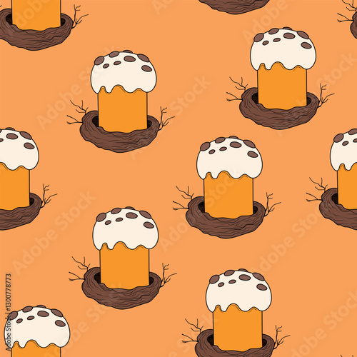 Seamless pattern with Easter cake in bird's nest. Hand drawn Happy Easter background. Paschal cake. Vector stock illustration, template design. Holiday sweet food. Doodle style.