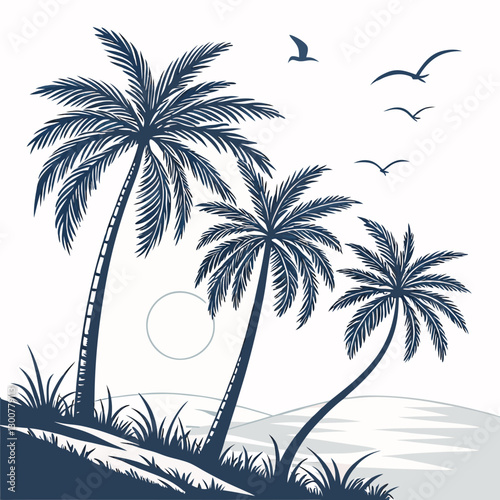 Tropical coastal vector illustration with three palm trees, birds, a sunset, and a serene ocean landscape