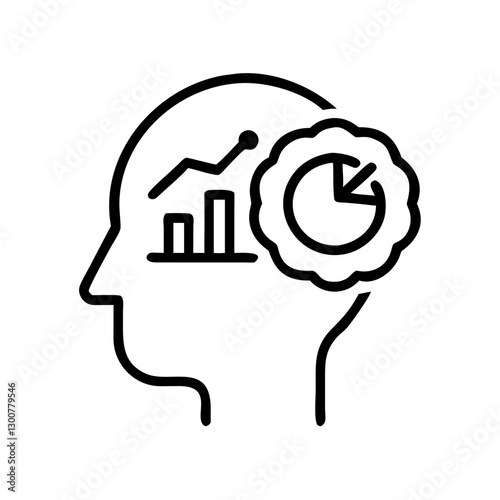Mind growth icon with graphs and charts, representing data analysis, black outline, modern design
