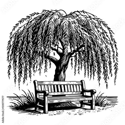Bench under tree engraving black and white outline. Scratch board imitation.  illustrated in vintage line art style on a white background.

