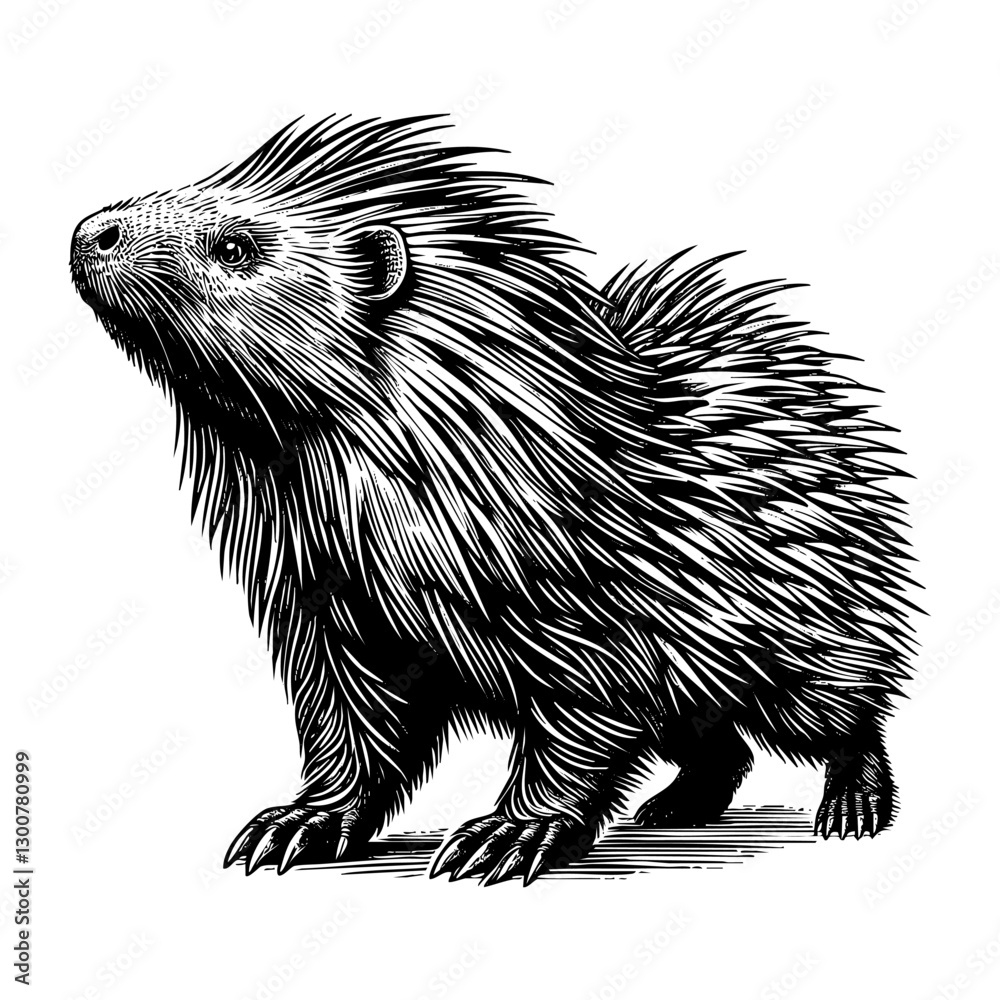 Fototapeta premium Hedgehog engraving black and white outline. Scratch board imitation. 