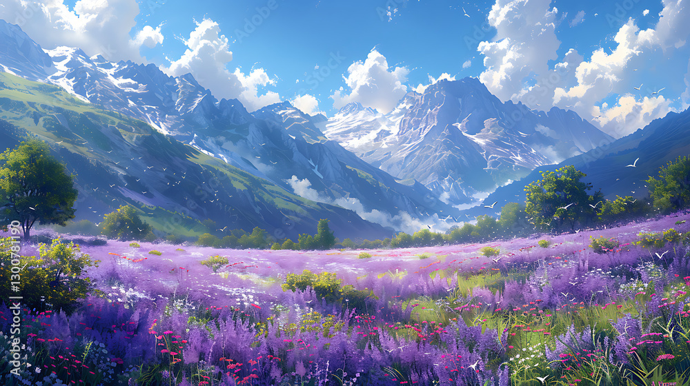 Vibrant meadow filled with colorful flowers under a bright blue sky with majestic mountains in the background Vibrant meadow filled with colorful flowers under a bright blue sky with majestic mountains in the background