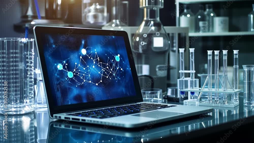 A medium closeup of a laboratory laptop showcasing a software application that manages experimental data featuring a visual representation of a blockchain network ensuring data integrity