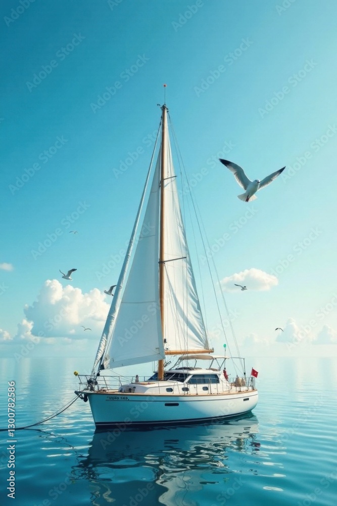 Sailboat anchored in calm sea with seagulls flying overhead, ocean, gulls Sailboat anchored in calm sea with seagulls flying overhead, ocean, gulls