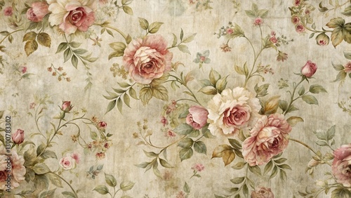 Distressed floral wallpaper with peeling edges and worn fabric texture, featuring faded roses and vines in a classic vintage design, old decor, muted colors