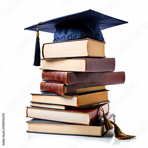 Stacked books with graduation cap