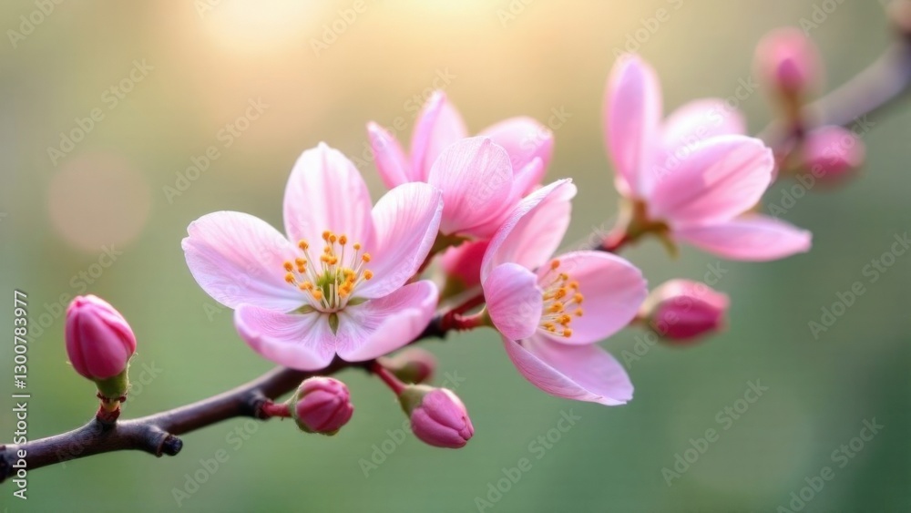 Fototapeta premium Close-up of pink cherry blossom in sunlight with soft focus background