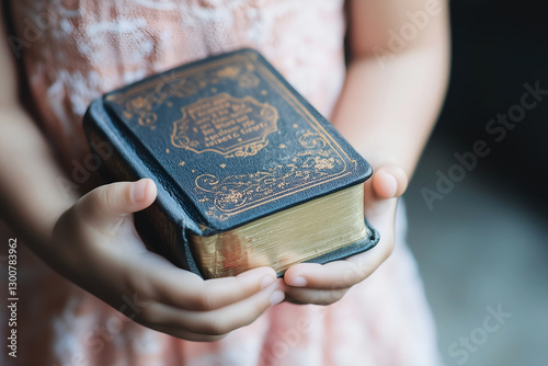 Young Girl in Pink Dress Holding Vintage Decorated Bible, Symbolizing Innocence, Faith, and Tradition
