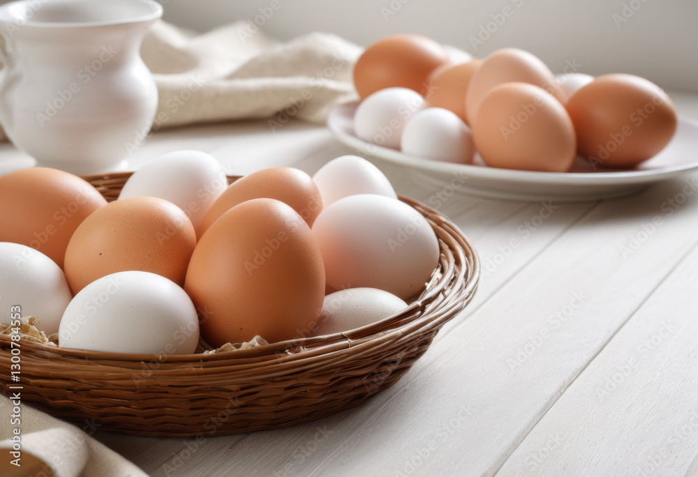 Close-up of eggs in basket on table Close-up of eggs in basket on table