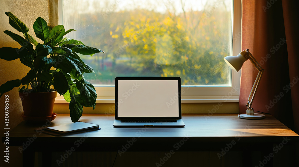 Bright Workspace with Laptop, Plant, and Sunlight Through Window or Blinds, Copy Space Bright Workspace with Laptop, Plant, and Sunlight Through Window or Blinds, Copy Space