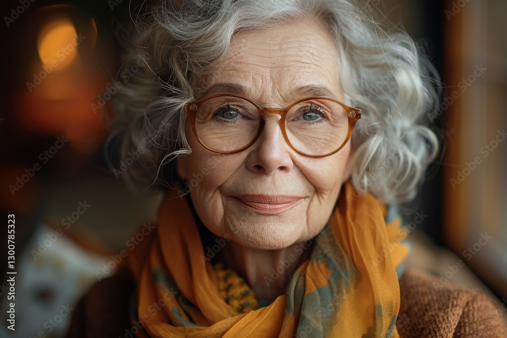 Brightly lit indoor setting with an elderly woman wearing glasses and a colorful scarf looking directly at the viewer with a warm smile Brightly lit indoor setting with an elderly woman wearing glasses and a colorful scarf looking directly at the viewer with a warm smile