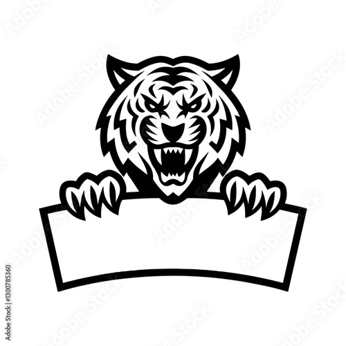 Tiger with a fierce expression, holding a blank banner with its paws