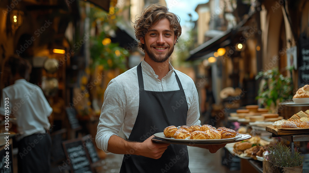 Smiling baker holding a tray of fresh pastries in a street market. Smiling baker holding a tray of fresh pastries in a street market.