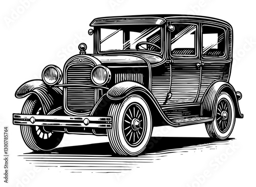 Vintage car engraving black and white outline. Scratch board imitation.  illustrated in vintage line art style on a white background.
