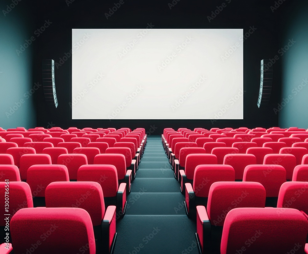 Fototapeta premium Modern cinema interior with red seating and a large blank screen ready for a film presentation at an evening screening event