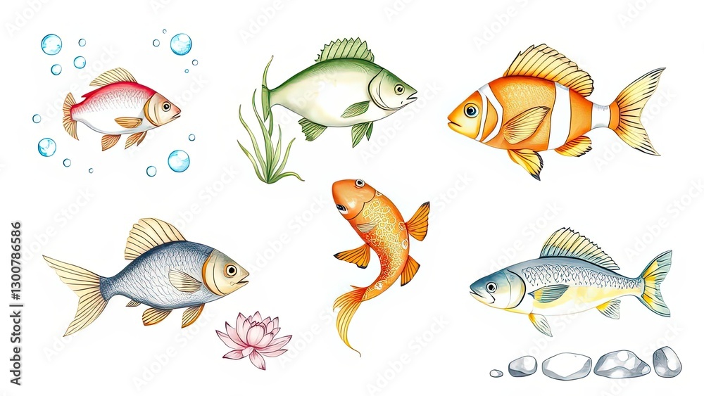 Fototapeta premium Colorful Fish Aquarium Illustration Koi Carp Clownfish