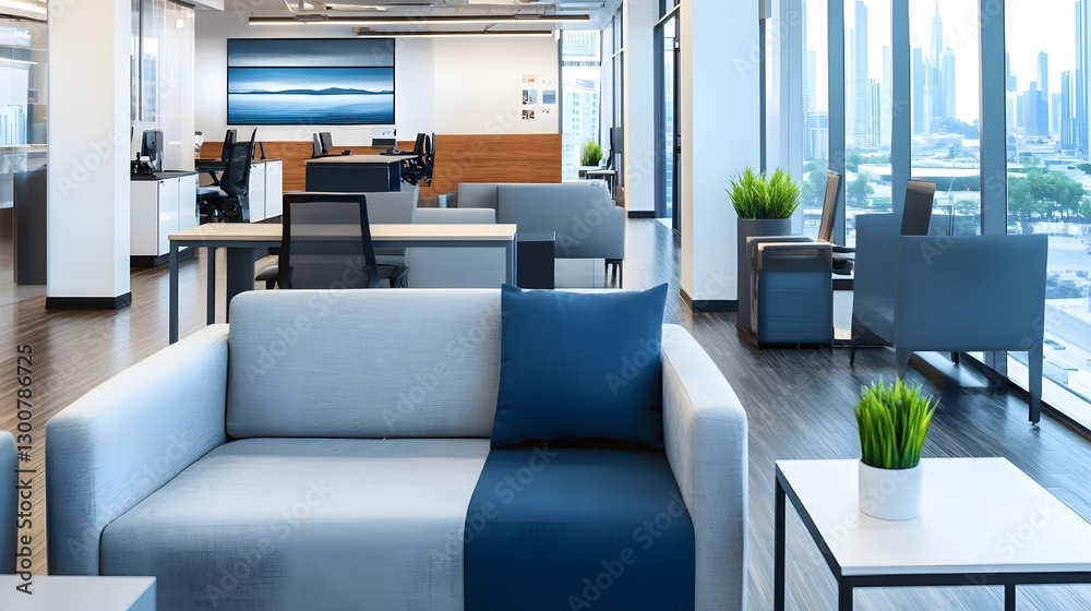 Fototapeta premium Minimalist Open-Concept Corporate Office with Panoramic City Views and Natural Lighting