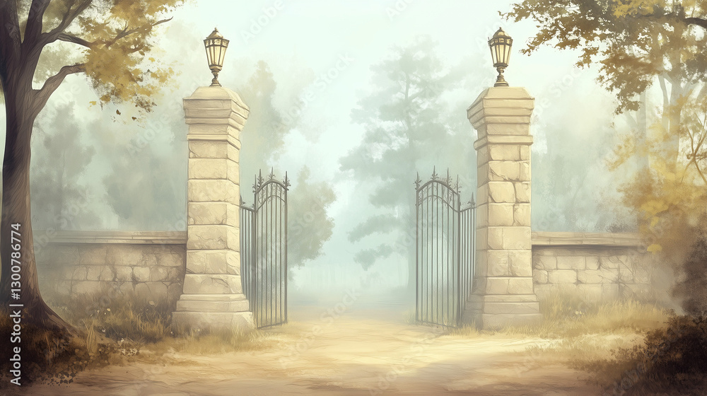 Fototapeta premium Dreamy fantasy stone gate in a misty forest scene.