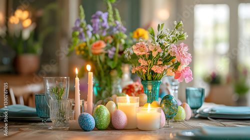 A charming spring Easter table with hand-painted eggs, glowing candles, and an assortment of colorful fresh flowers, bringing warmth to the celebration.