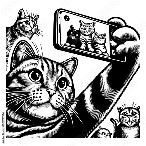 Cat selfie camera with smartphone engraving black and white outline. Scratch board imitation.  illustrated in vintage line art style on a white background.