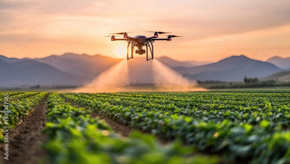 Fototapeta premium Drone spraying crops at sunset over farmland.