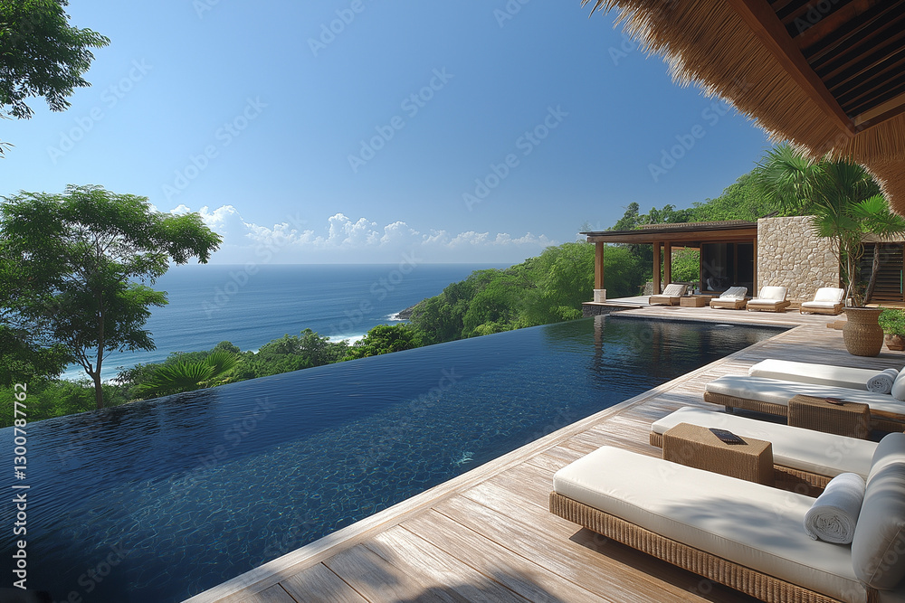 Obraz premium Photographie immobilière extérieure d’une terrasse avec piscine de maison secondaire de villa luxueuse avec terrasse en bois et vue tropicale. rendu 3D, HDR, idées déco et aménagement tendance.