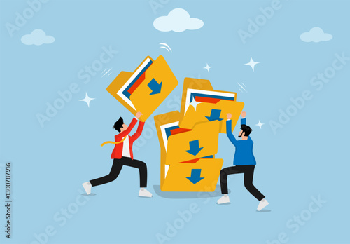 Business people secure storage folders, document ideas, file administration, and document file grouping into archive folders. Document discovery ideas or compression or online security.
