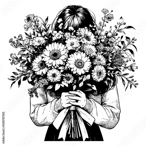 Girl holding flower bouquet engraving black and white outline. Scratch board imitation.  illustrated in vintage line art style on a white background.
