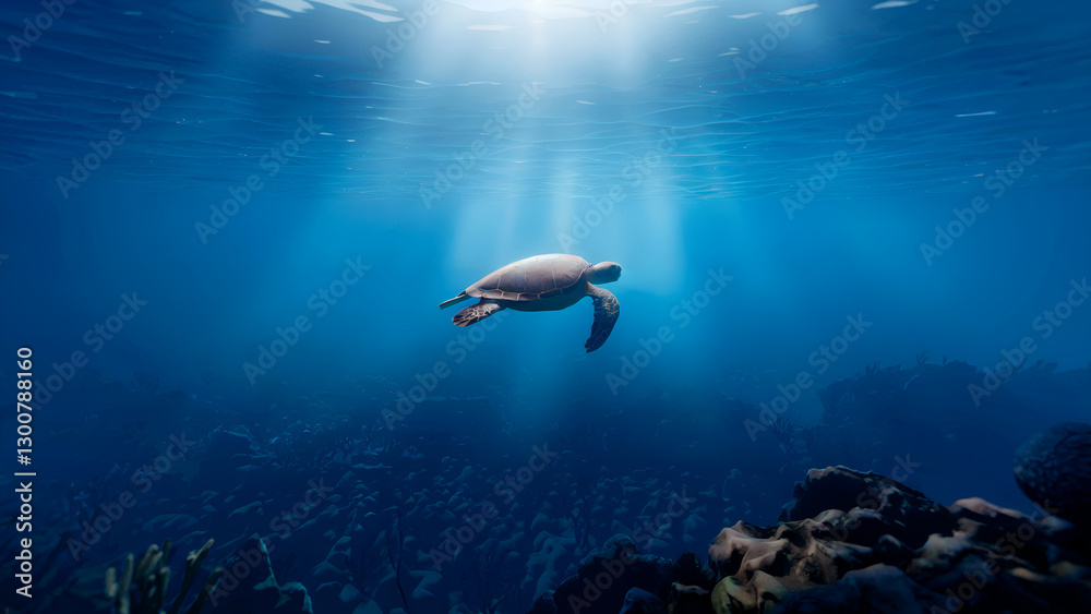 Fototapeta premium Underwater Turtle Sunbeam Coral Reef