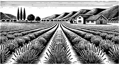Lavender farm field sketch engraving black and white outline. Scratch board imitation.  illustrated in vintage line art style on a white background.