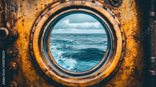 Ocean view through a weathered porthole.