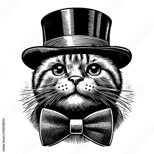 Cat wear gentleman suit engraving black and white outline. Scratch board imitation.  illustrated in vintage line art style on a white background.